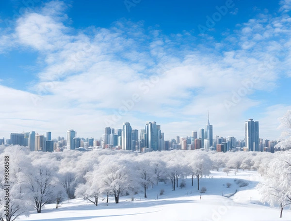 Fototapeta Generate AI.  Landscape of the city on the winter season. wallpaper with AI.