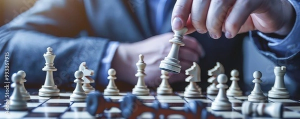 Fototapeta A man’s hand moving a chess piece during a tense chess match in a cozy living room setting. Free copy space for text.