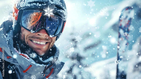 Fototapeta Close-Up Smiling Man in Ski Gear Enjoying a Snowy Mountain, Concept of Winter Adventure, Outdoor Sports, and Mountain Exploration. Copy space