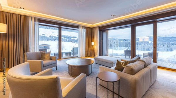 Fototapeta Luxury Boutique Hotel Suite with Mountain View in Winter at a Ski Resort. Concept of High-End Lodging, Scenic Getaway, Cozy Interior Design