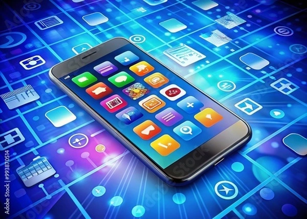 Fototapeta Blue Background with Smartphone Displaying App Icons, Modern Technology and Digital Lifestyle Concept