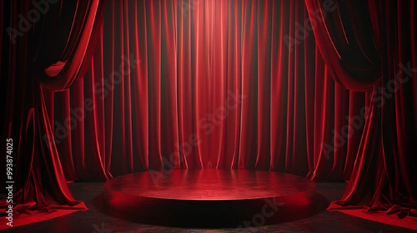 Fototapeta Stage or scenario with red curtains in the dark