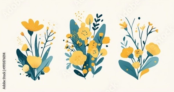 Fototapeta Three frame art featuring simple plants and flowers in yellow and teal on a white background