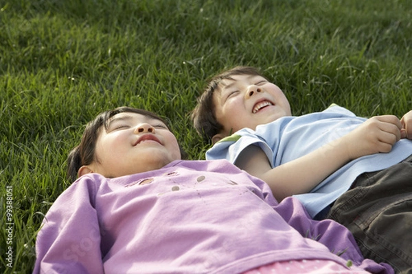 Fototapeta Young Boy And Girl Laying In The Park Looking At The Sky