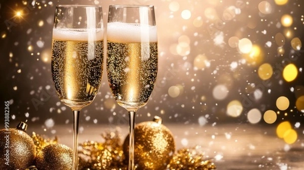 Fototapeta A pair of champagne flutes clinking together in a celebratory toast, with sparkling champagne inside and golden bubbles rising to the top, surrounded by festive decorations.