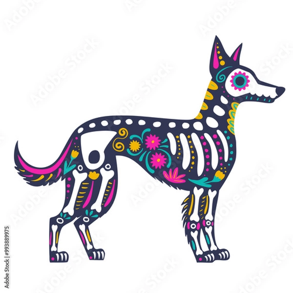 Obraz Xoloitzcuintli dog skeleton decorated with flowers and decorative elements, side view. Festive animal for the Mexican  day of the dead,  Dia de los Muertos.