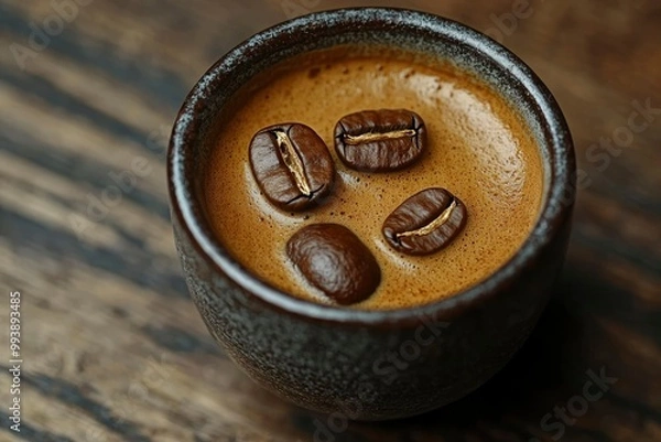 Fototapeta Close-up of a Cup of Coffee with Coffee Beans Floating on Top