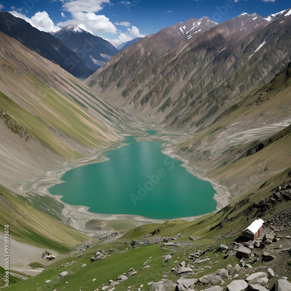 Fototapeta landscape with lake and mountains