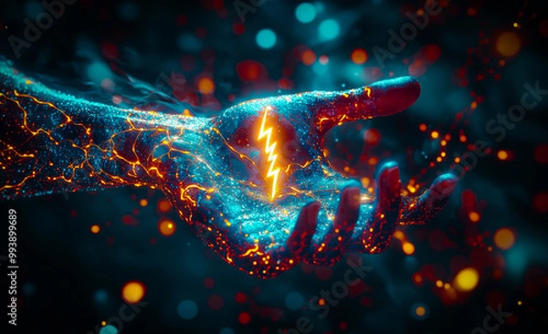 Obraz A glowing electric lightning bolt crackles in the palm of an outstretched hand, surrounded by swirling blue and orange energy particles against a dark background.
