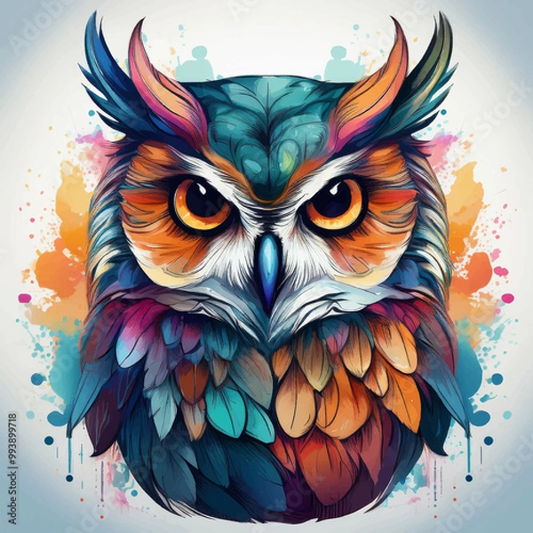 Fototapeta Colored owl drawn in watercolor. 