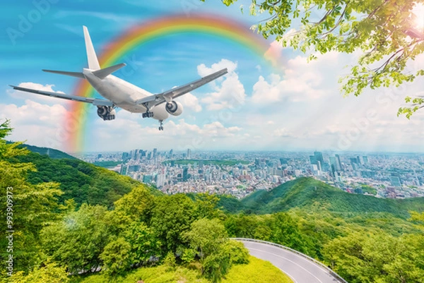 Fototapeta The concept is an image of Tokyo city and airplane travel.