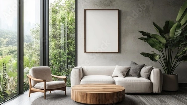 Fototapeta Round wooden coffee table near sofa and armchair against window and wall with blank mockup poster frame Scandinavian interior design of modern living room