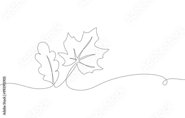 Fototapeta autumn leaves in line art style, one continuous line drawing, hand drawn vector illustration isolated on white background, modern abstract design element for greeting cards,invitation,banner,poster