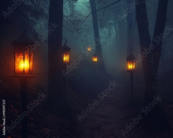 Fototapeta Creepy Halloween lantern walk through a foggy American forest glowing ghostly lanterns lighting the path