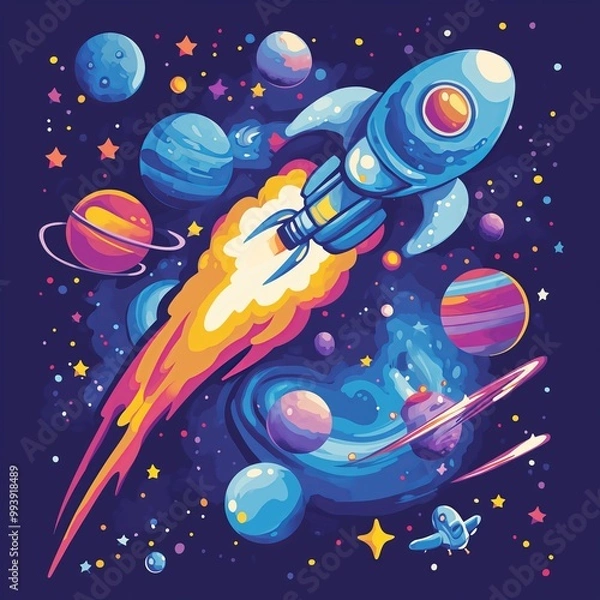 Obraz Vibrant T-shirt with a rocket in a cosmic landscape, colorful nebulae, and playful aliens.