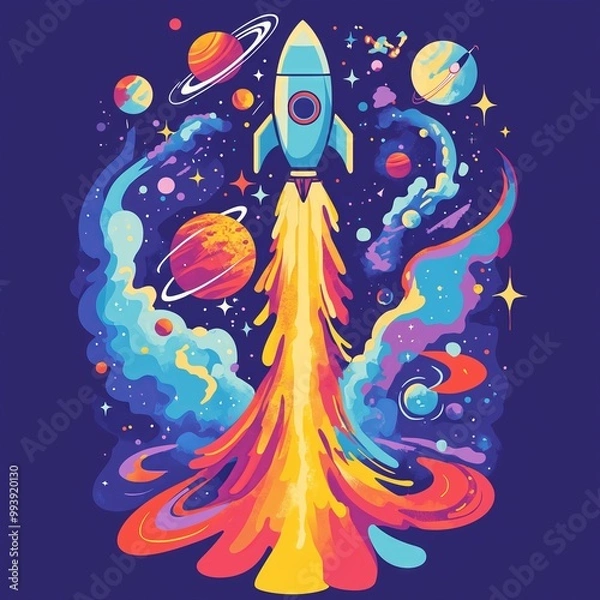 Fototapeta A colorful T-shirt design with a rocket, planets, and aliens for a fun, adventurous look!