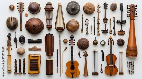 Fototapeta A diverse collection of instruments from various cultures, symbolizing musical inclusivity