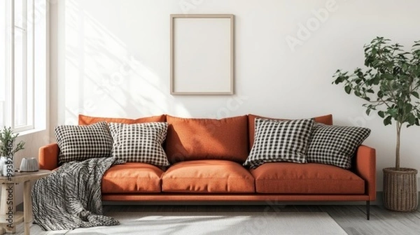 Fototapeta Terra cotta sofa with plaids and pillows against of white wall with art poster frame Scandinavian interior design of modern living room