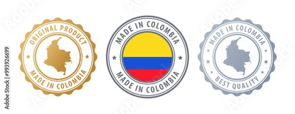 Obraz Colombia - set of stamps with map and flag. Best quality. Original product. Vector illustration