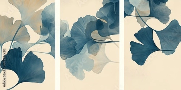 Fototapeta  Set of 3-piece vertical wall art showcasing abstract ginkgo leaves in   blue and gold