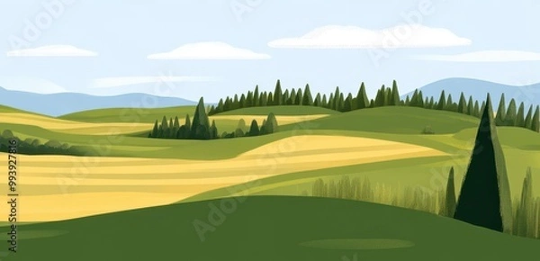 Fototapeta A serene landscape featuring rolling hills, green fields, and distant mountains under a bright blue sky with soft clouds.