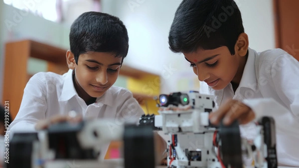 Obraz two modern small indian students doing a robotic project. the students must wear white shirt, in classroom