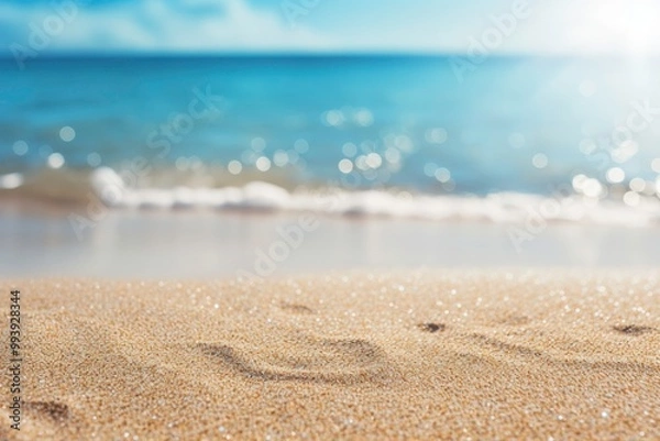 Fototapeta The scene offers a scenic view of a sandy beach, a crystal blue ocean, a sunny sky, and golden sparkles. Ideal for summer vacation concepts. Generative AI