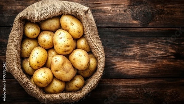 Fototapeta Burlap sack of yellow potatoes on wooden table, rustic kitchen decor, soft lighting