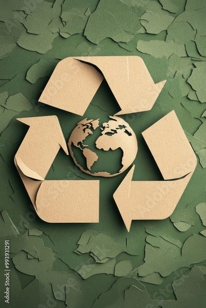 Fototapeta Recycle Symbol and Earth in Green and Beige Papercut Style