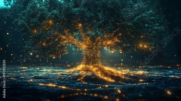 Fototapeta Digital Tree with Binary Code Leaves