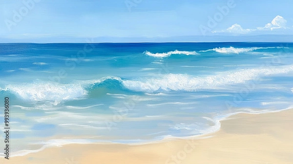 Fototapeta Azure Serenity: Tranquil waves gently caress the sun-kissed shore in this inviting seascape.	