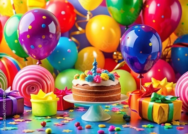 Fototapeta Colorful and Festive Birthday Party Background with Balloons, Streamers, and Cake Decorations