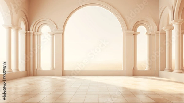 Fototapeta an empty room with arches and a soft light floods an elegant colonnade