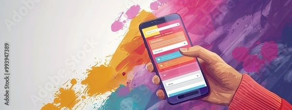 Fototapeta A hand holding a smartphone displaying a colorful news app interface, modern flat style, on an abstract purple and white background, concept of staying informed. Vector illustration