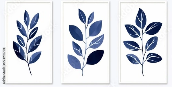 Fototapeta set of 3 simple navy blue leaf designs on a white background, in a triptych style. 