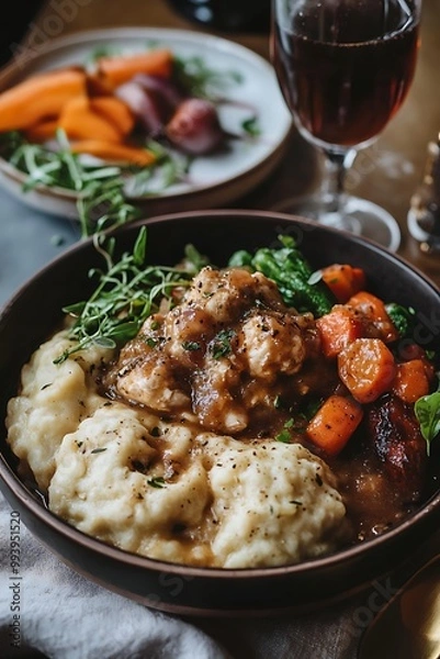 Fototapeta Closeup of a bowl of mashed potatoes with gravy, carrots, and green beans.
