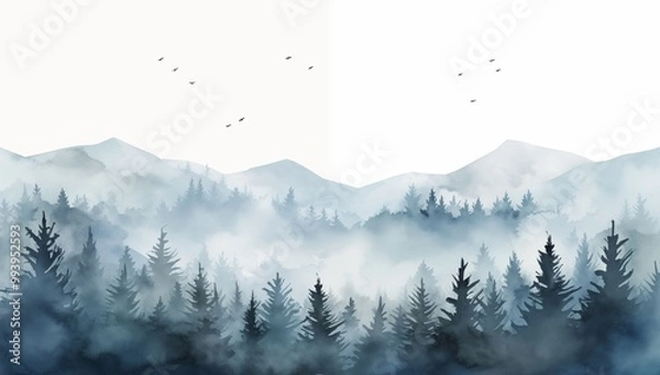 Fototapeta A watercolor artwork showcasing a tranquil forest scene, featuring towering mountains and vibrant trees.
