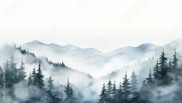 Fototapeta Watercolor painting depicting misty mountains and trees, creating a serene and atmospheric landscape scene.