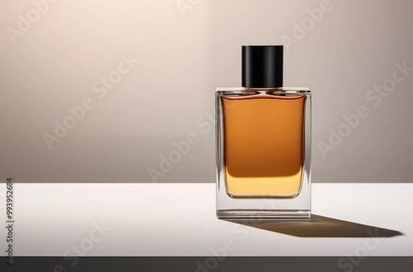Fototapeta A bottle of perfume elegantly placed on a polished table, showcasing its refined design and captivating fragrance.