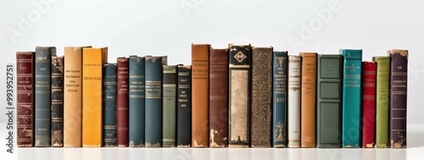 Fototapeta A row of vintage books displayed against a clean white background, showcasing their worn spines and unique titles.
