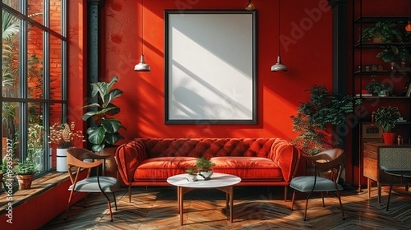 Fototapeta A modern cafe interior with a blank poster on the wall, stylish furniture, and red color scheme, concept of advertising space. 3D Rendering