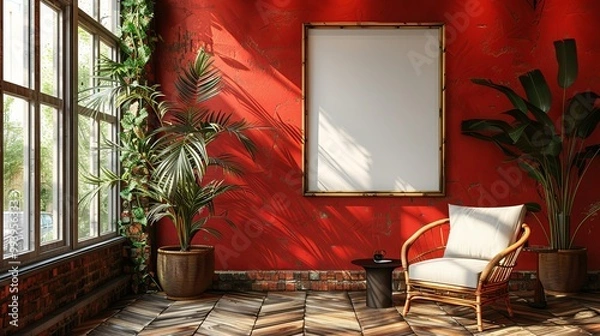 Fototapeta A modern cafe interior with a blank poster on the wall, stylish furniture, and red color scheme, concept of advertising space. 3D Rendering