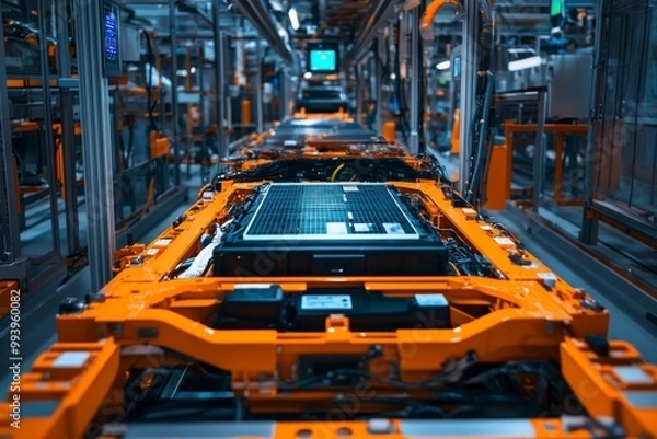 Fototapeta Electric vehicle battery assembly line, advanced automation, orange machinery, high-tech production environment