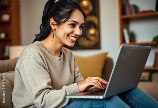 Fototapeta Smiling Woman Using Laptop While Sitting on a Sofa