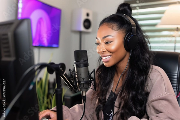 Fototapeta Young woman streaming or recording podcast in a modern home studio with microphone and headphones, engaging audience with a smile and professional audio setup