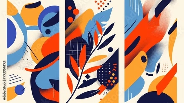 Fototapeta Set of modern abstract vector banners featuring flat geometric shapes in various colors with black outlines