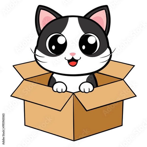 Fototapeta Cute cat illustration peeking out of a cardboard box with a playful expression.