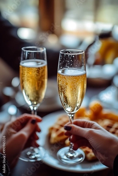 Obraz Two glasses of sparkling wine with bubbles, held by hands with blurry waffle dish in the background.