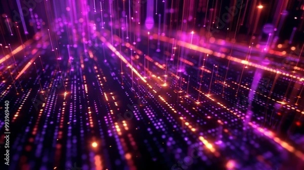 Fototapeta A 3D animation of seamless looping orange purple digital glitch and hex code over a black background. This is a concept for a neon sci-fi data flow scheme in a digital head up display.