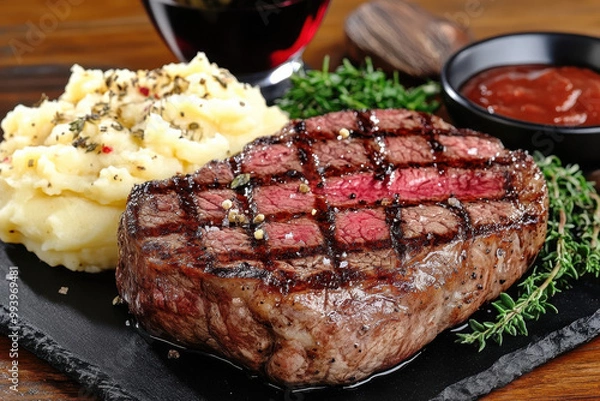 Fototapeta Juicy Grilled Steak with Mashed Potatoes and Red Wine